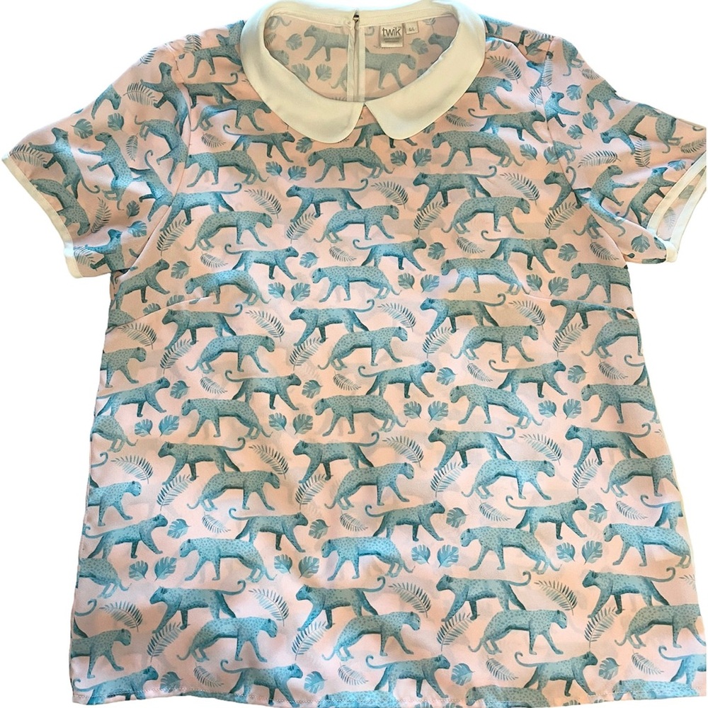 twik Pink Blouse with Teal Leopard Print and Peter Pan Collar